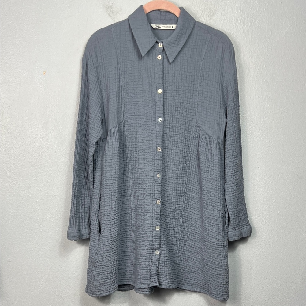 Zara Cornflower Blue Gauze Long Sleeve Button Front Tunic Blouse XS